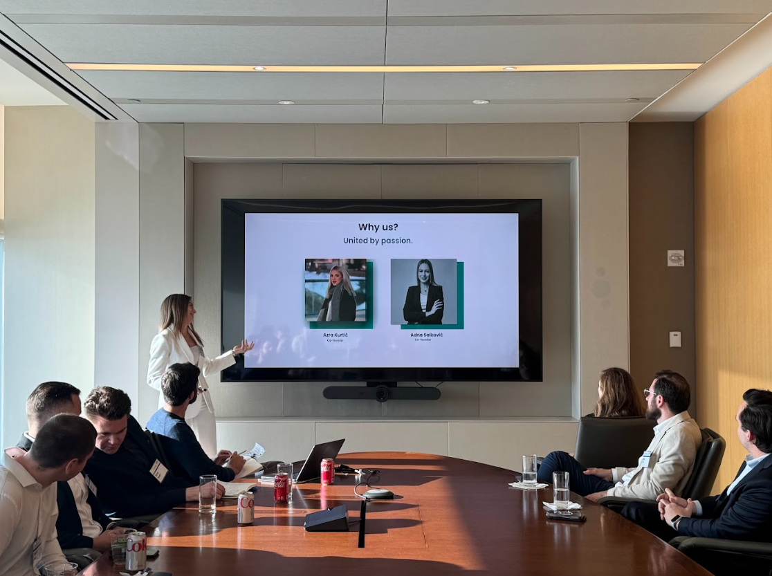BOLD Fellowship participant delivering a startup pitch presentation during an entrepreneurship workshop in New York City.